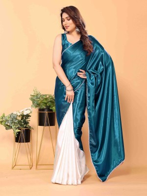 Julee Solid/Plain Bollywood Satin Saree(Pack of 2, Dark Blue, White)