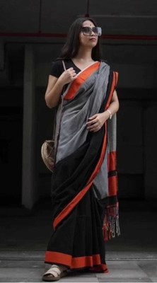 SMRITI HANDLOOM Solid/Plain Handloom Handloom Pure Cotton Saree(Black, Red, Grey)