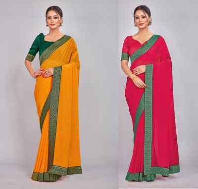 CastilloFab Woven Daily Wear Georgette Saree(Pack of 2, Yellow, Pink)
