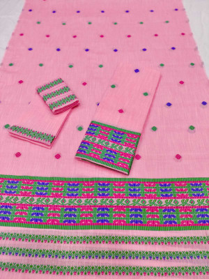 SARITA SILK MILS Woven, Geometric Print, Self Design Mekhela Chador Cotton Blend Saree(Pink)