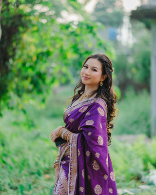 vrajnetic Woven Mekhela Chador Pure Silk Saree(Purple, Gold)