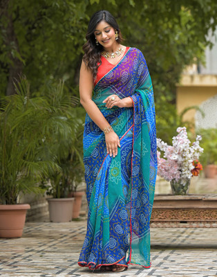 Samah Printed Bandhani Chiffon, Georgette Saree(Green, Blue)