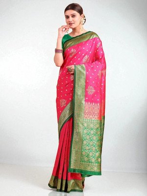 fFASHION Embellished, Solid/Plain, Striped, Temple Border, Floral Print, Dyed, Woven Banarasi Art Silk, Cotton Silk Saree(Pink)