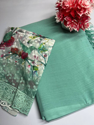 HouseOfCommon Digital Print, Solid/Plain Daily Wear Georgette Saree(Green)