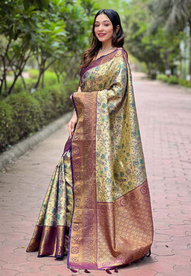 all about you Woven Banarasi Silk Blend Saree(Purple)