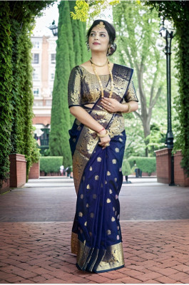 Varishtaa Woven, Self Design Banarasi Pure Silk Saree(Dark Blue)