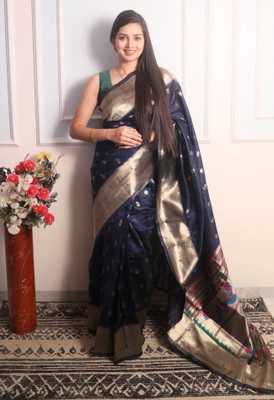 sarjan creation Woven Paithani Jacquard Saree(Dark Blue)
