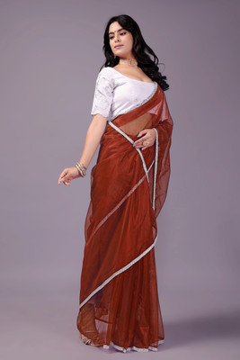 RUCHKET Embellished Bollywood Net Saree(Orange)