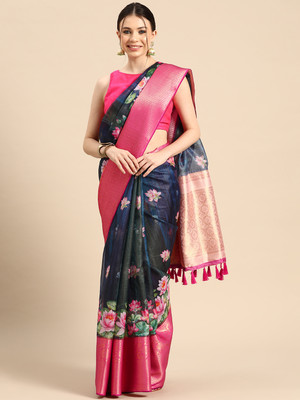 SILK ZONE Digital Print Banarasi Silk Blend Saree(Dark Blue)