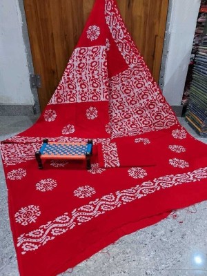 MAYAK HANDLOOM Printed, Blocked Printed, Hand Painted Daily Wear Pure Cotton Saree(Red)