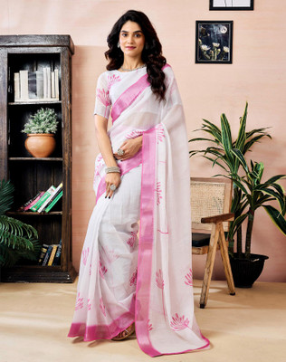 Tasrika Striped Daily Wear Chanderi, Cotton Linen Saree(White)