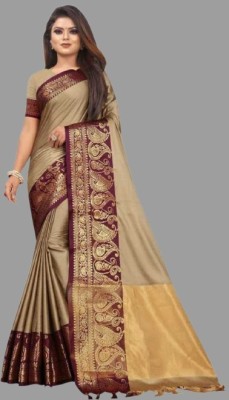 HouseOfCommon Woven Bollywood Jacquard, Cotton Silk Saree(Cream)