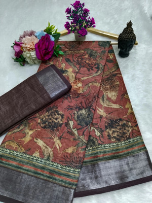 VISHNU Printed Kanjivaram Pure Cotton, Cotton Linen Saree(Multicolor)