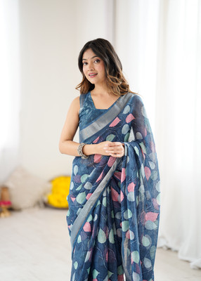 Meet Trendz Self Design Bollywood Linen Saree(Dark Blue)