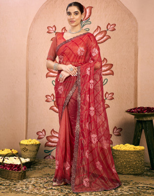 Samah Embroidered, Embellished Bollywood Net Saree(Red)