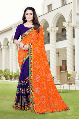 QUEDDY'S Printed Bandhani Georgette Saree(Orange, Blue)