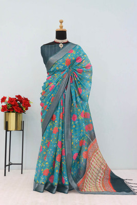 white sparrow Printed Daily Wear Linen Saree(Black)
