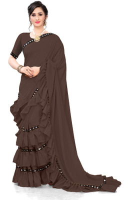 fentik.com Embellished, Solid/Plain Bollywood Lycra Blend Saree(Brown)
