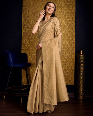 Tasrika Embellished, Solid/Plain, Self Design Bollywood Tussar Silk, Silk Blend Saree(Beige)