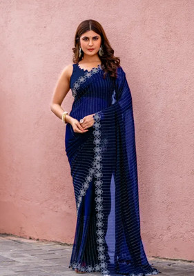 MAYRAAFASHION Embellished Bollywood Georgette Saree(Dark Blue)