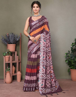 HITESH ENTERPRISE Digital Print Leheria Cotton Linen Saree(Maroon)