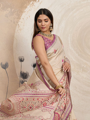 VIRDHI TEXTILE Printed, Woven Madhubani Silk Blend Saree(Pink)