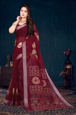Sareezaa Printed Daily Wear Cotton Linen Saree(Maroon)