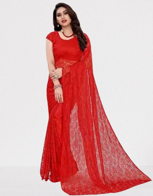 Vragi Floral Print Bollywood Net Saree(Pack of 2, Red)