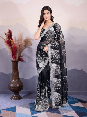 odette Embroidered Saree with Attached Blouse Organza Saree(Black)