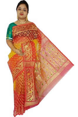 Mayabi Woven Jamdani Cotton Silk Saree(Red, Yellow)