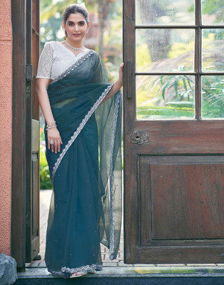 Samah Embellished Bollywood Net Saree(Blue)