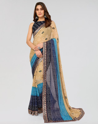 ANIRAV Printed Bollywood Georgette, Lace Saree(Blue)