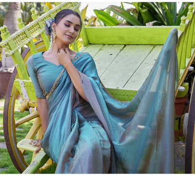 Vraggi Embellished, Embroidered, Solid/Plain Bollywood Chiffon, Pure Silk Saree(Light Blue)