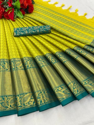 SEASON FAB Woven Banarasi Pure Silk, Cotton Silk Saree(Light Green, Gold)