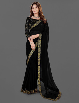 Vivan Fab Embroidered Bollywood Georgette, Silk Blend Saree(Black)