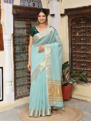 HouseOfCommon Woven Banarasi Cotton Silk Saree(Light Blue)