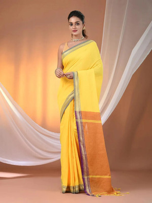 OSARIO Woven, Solid/Plain Handloom Cotton Blend Saree(Yellow)