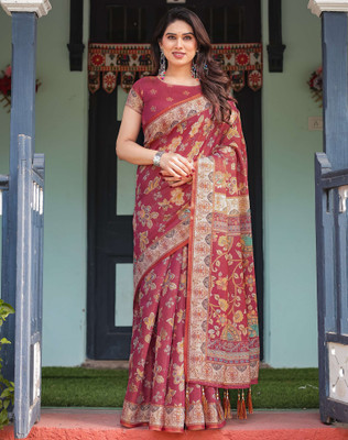 Tasrika Floral Print, Woven, Embellished Handloom Linen Saree(Pink)