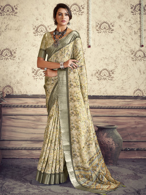 Divastri Printed Madurai Silk Blend Saree(Beige)