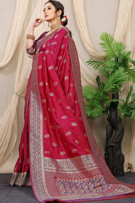sarjan creation Printed Banarasi Jacquard, Pure Silk Saree(Multicolor, Purple)