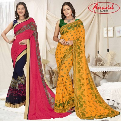 Anand Sarees Paisley, Floral Print Daily Wear Georgette Saree(Pack of 2, Pink, Blue, Multicolor)