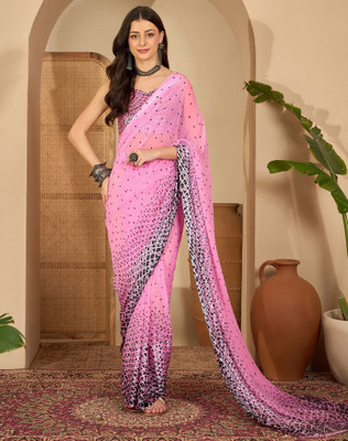 Samah Printed Bollywood Georgette Saree(Pink, Black)
