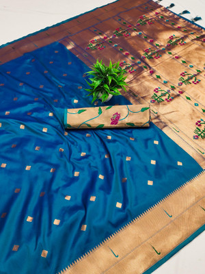 PANZORA Woven Paithani Cotton Silk Saree(Blue)