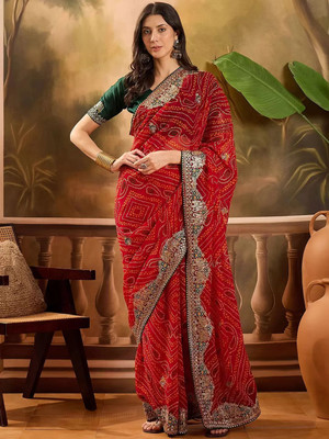BIDDAZEL Embroidered Bandhani Georgette Saree(Red)