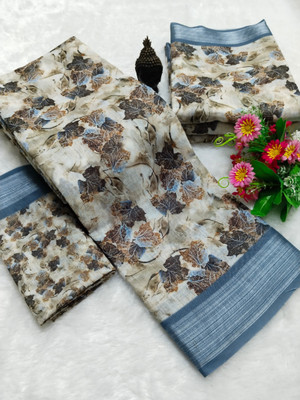 PRTRENDZ Printed Kanjivaram Cotton Linen, Linen Saree(Multicolor)