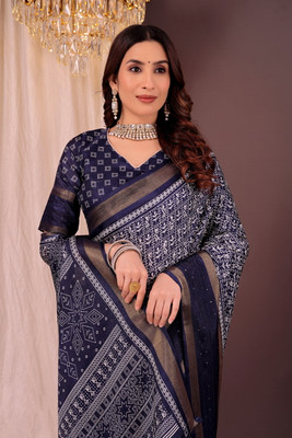 Suntex Printed Bollywood Cotton Blend Saree(Dark Blue)