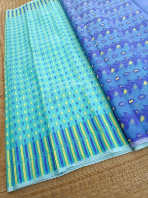 KhayaFashion Printed Jamdani Pure Cotton Saree(Light Blue)