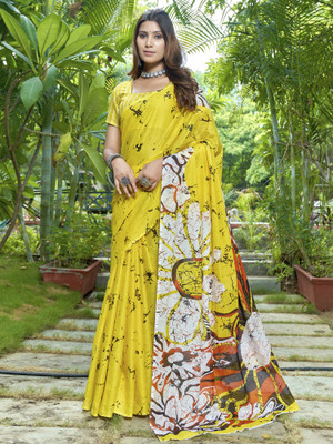 Divastri Printed Bollywood Cotton Blend Saree(Yellow)