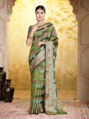 Stylum Floral Print, Embellished Banarasi Organza Saree(Light Green)