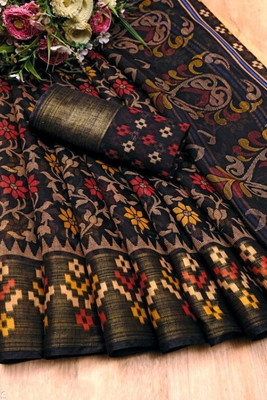 Sunshine Trendz Floral Print Daily Wear Cotton Blend Saree(Black)